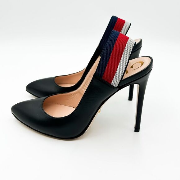 Gucci Sylvie Pumps Web Stripe Black Leather Slingback Heels Size 40, 10 - Picture 4 of 13